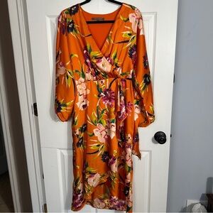 Julia Jordan floral faux wrap dress, orange, fully lined, size 8, summer, flowy